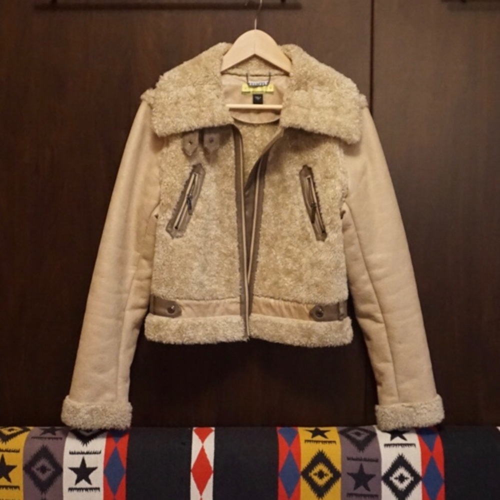 Light Tan/Cream Leather Shearling Moto Jacket